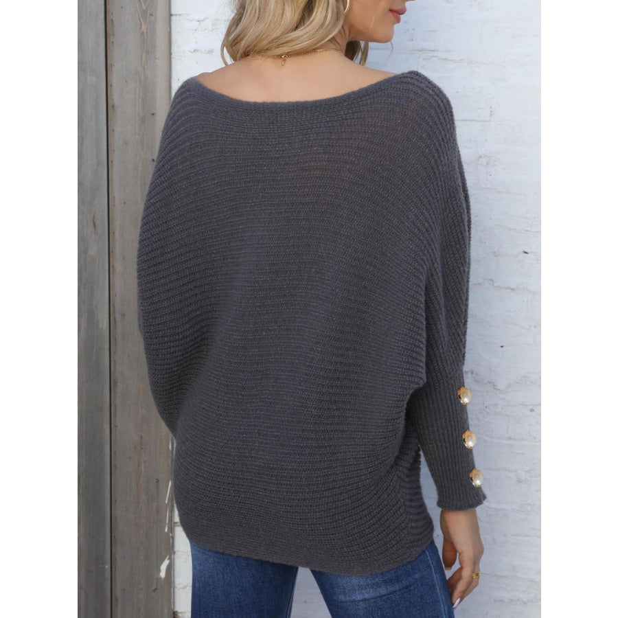 Full Size Boat Neck Long Sleeve Sweater Dark Gray / S Apparel and Accessories