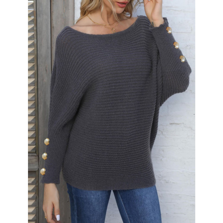 Full Size Boat Neck Long Sleeve Sweater Apparel and Accessories