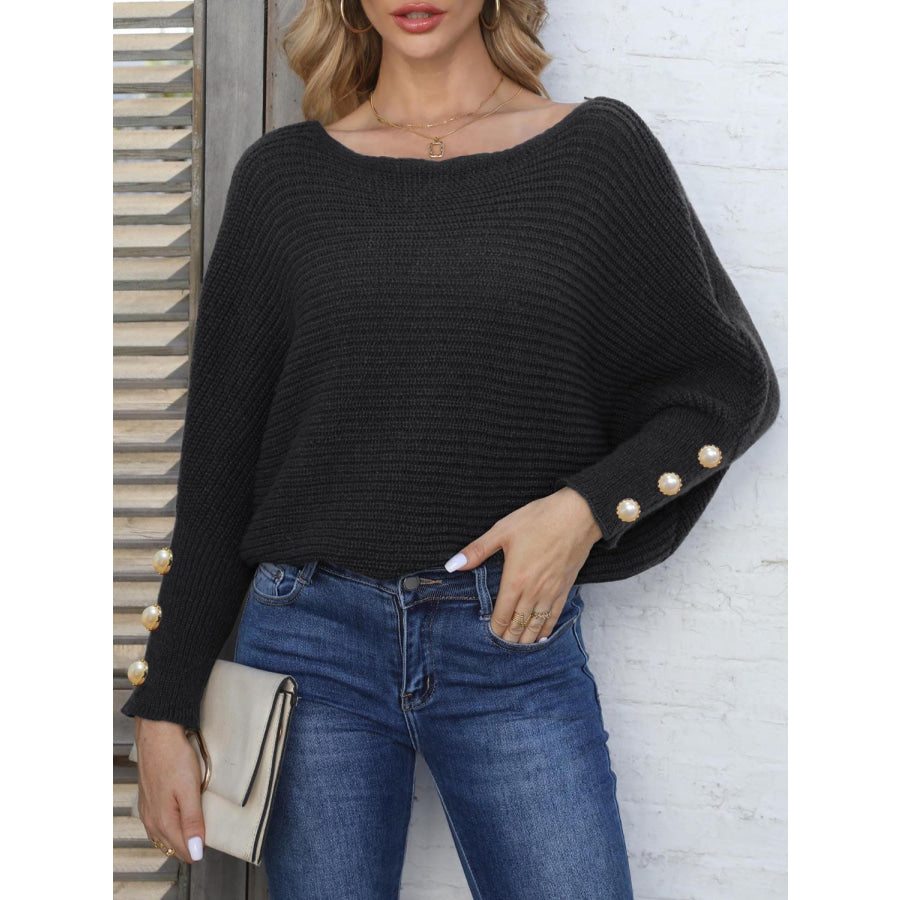 Full Size Boat Neck Long Sleeve Sweater Apparel and Accessories