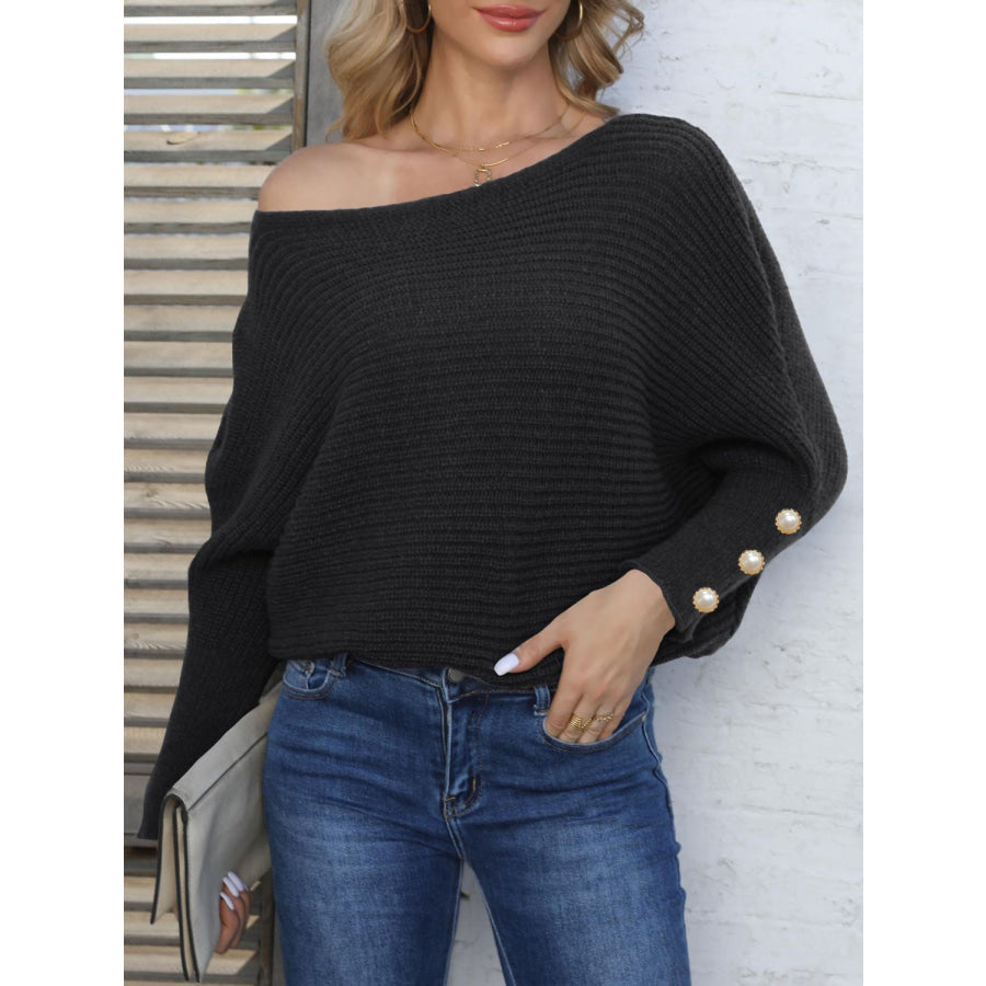 Full Size Boat Neck Long Sleeve Sweater Black / S Apparel and Accessories