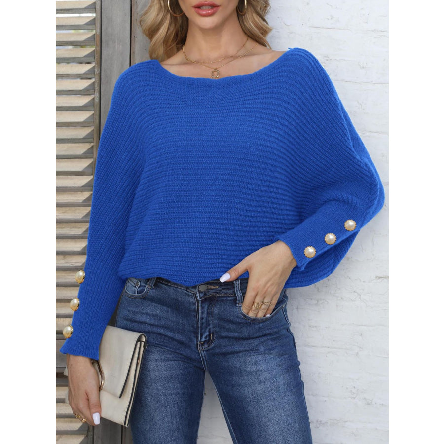 Full Size Boat Neck Long Sleeve Sweater Royal Blue / S Apparel and Accessories