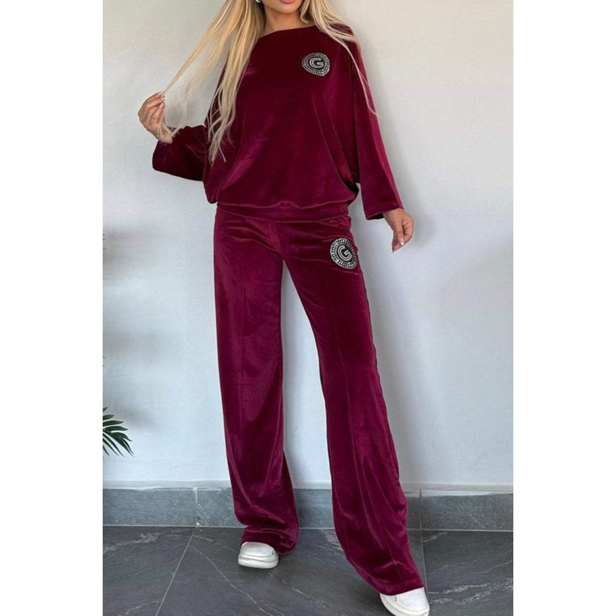 Full Size Boat Neck Long Sleeve Top and Pants Set Apparel and Accessories