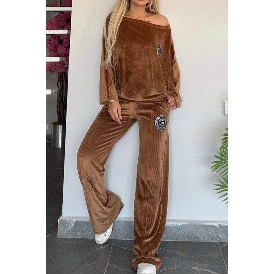 Full Size Boat Neck Long Sleeve Top and Pants Set Apparel and Accessories