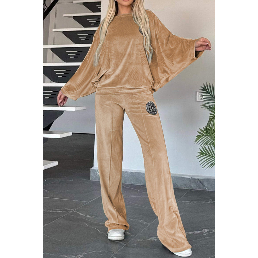 Full Size Boat Neck Long Sleeve Top and Pants Set Apparel and Accessories