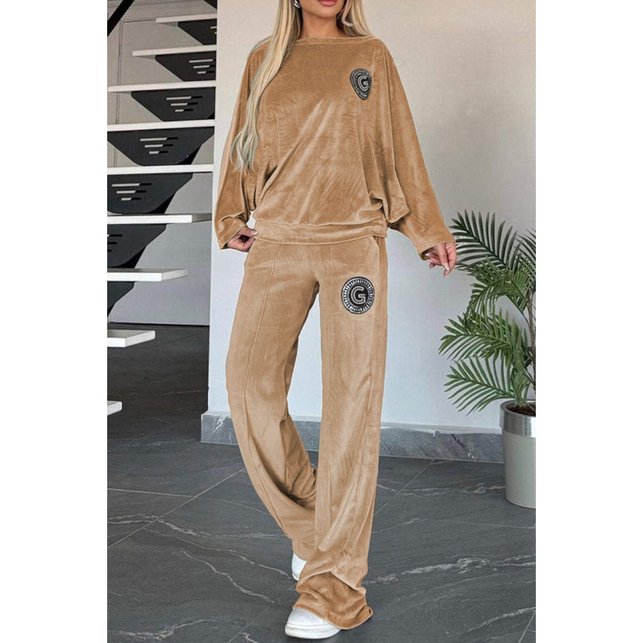 Full Size Boat Neck Long Sleeve Top and Pants Set Apparel and Accessories