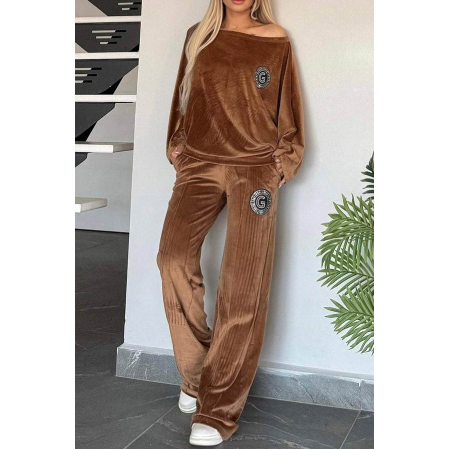 Full Size Boat Neck Long Sleeve Top and Pants Set Apparel and Accessories