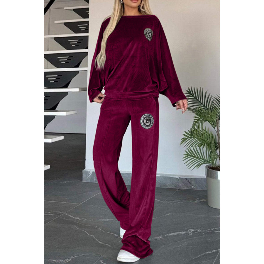 Full Size Boat Neck Long Sleeve Top and Pants Set Apparel and Accessories