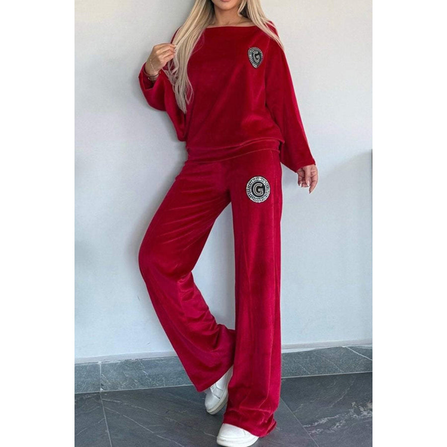 Full Size Boat Neck Long Sleeve Top and Pants Set Apparel and Accessories