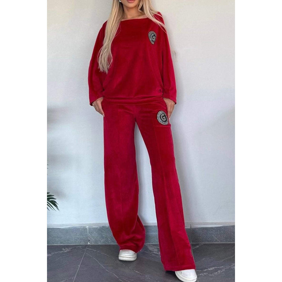 Full Size Boat Neck Long Sleeve Top and Pants Set Apparel and Accessories