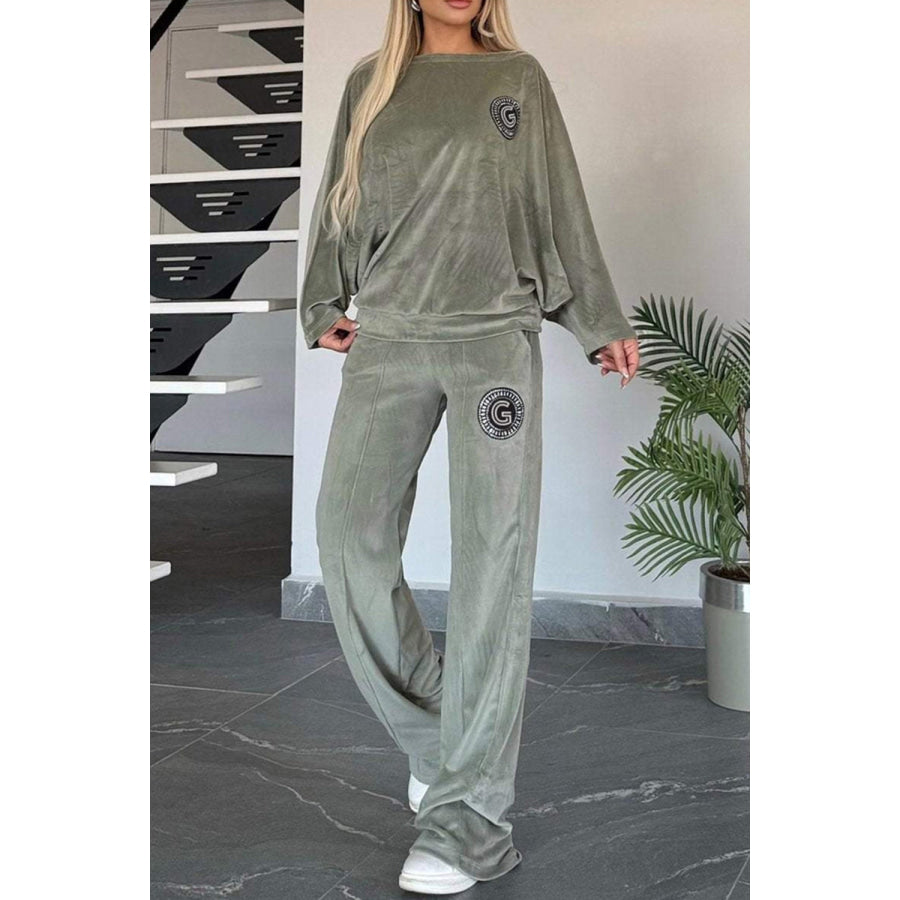 Full Size Boat Neck Long Sleeve Top and Pants Set Apparel and Accessories