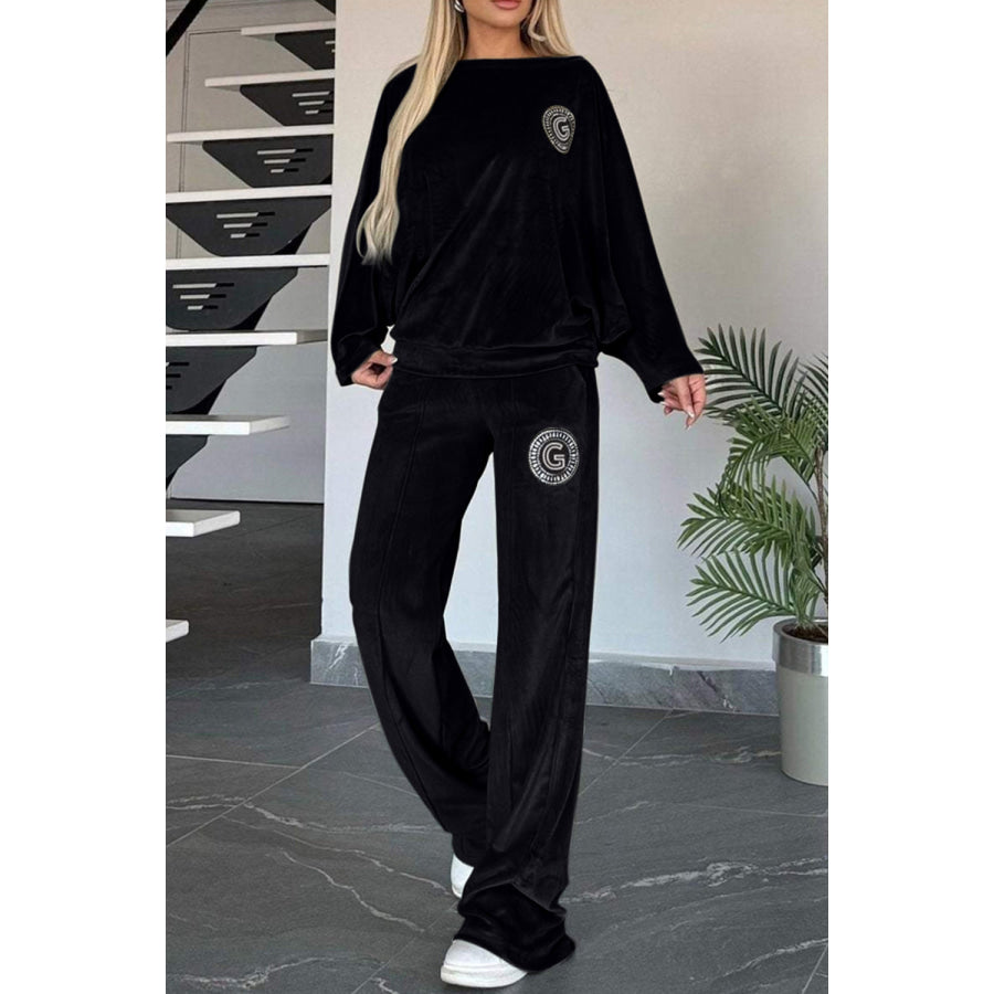 Full Size Boat Neck Long Sleeve Top and Pants Set Black / S Apparel and Accessories