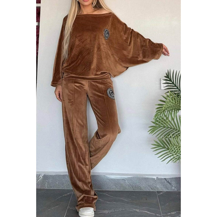 Full Size Boat Neck Long Sleeve Top and Pants Set Caramel / S Apparel and Accessories