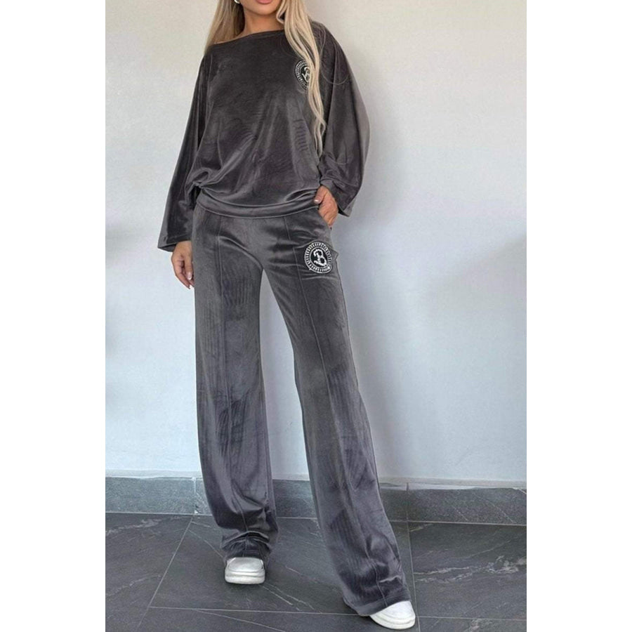 Full Size Boat Neck Long Sleeve Top and Pants Set Dark Gray / S Apparel and Accessories