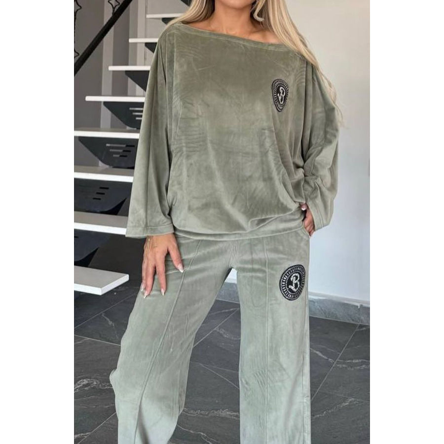 Full Size Boat Neck Long Sleeve Top and Pants Set Sage / S Apparel and Accessories