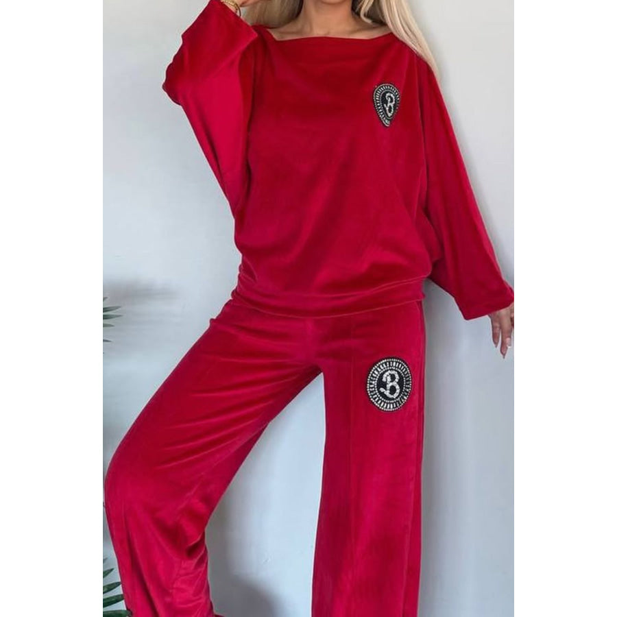 Full Size Boat Neck Long Sleeve Top and Pants Set Scarlet / S Apparel and Accessories