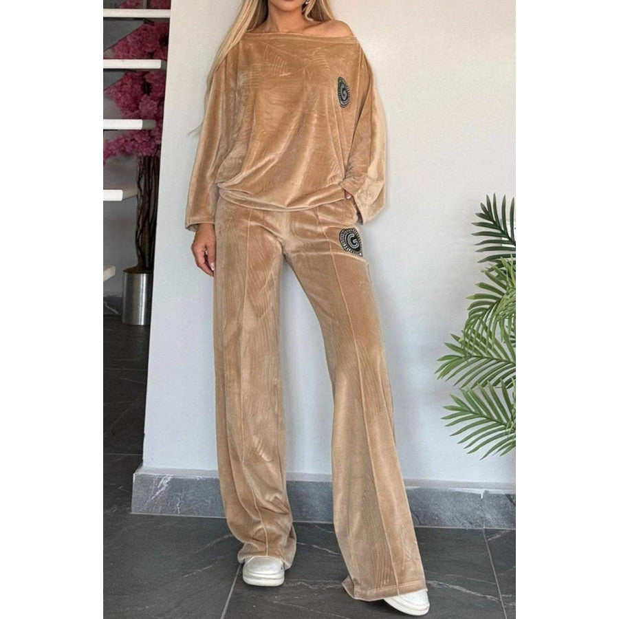 Full Size Boat Neck Long Sleeve Top and Pants Set Tan / S Apparel and Accessories