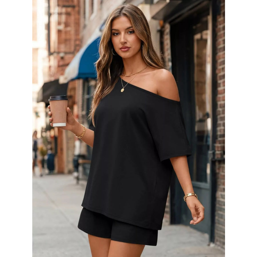 Full Size Boat Neck Tee and Shorts Set Plus Size Apparel and Accessories