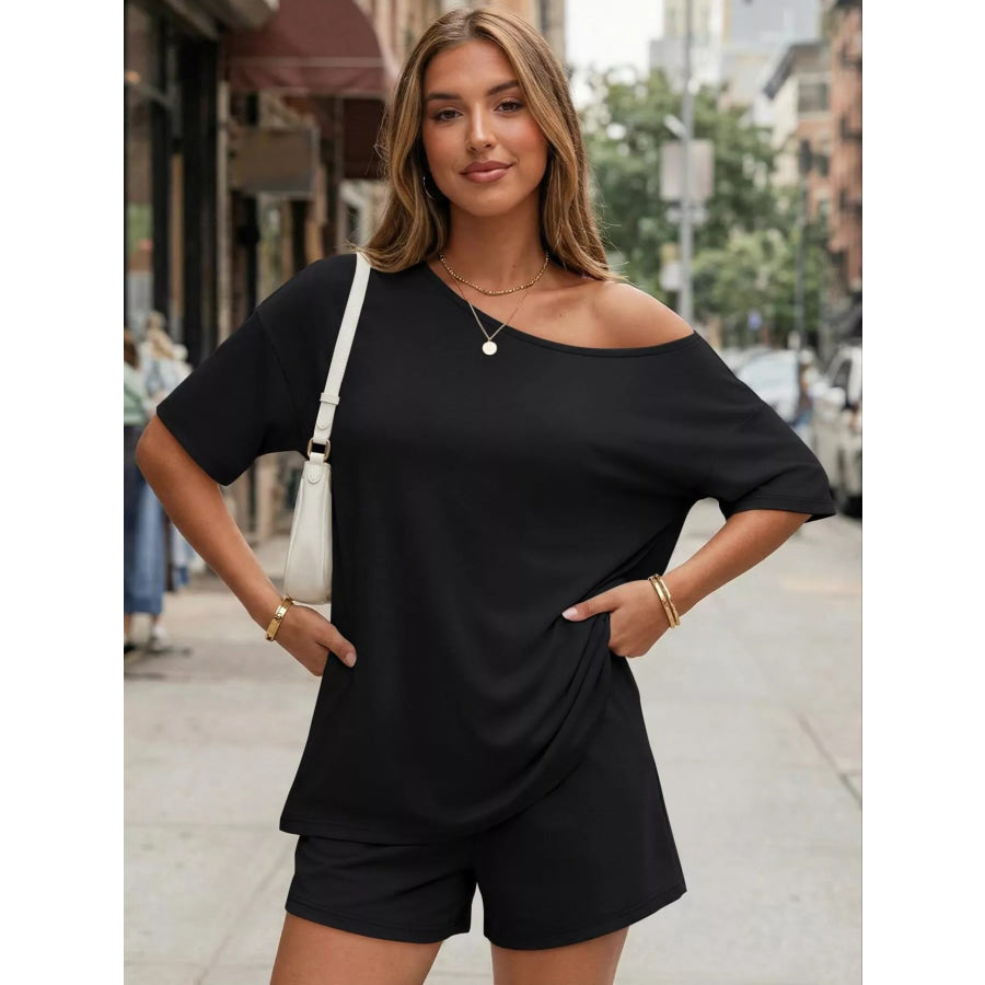 Full Size Boat Neck Tee and Shorts Set Plus Size Apparel and Accessories
