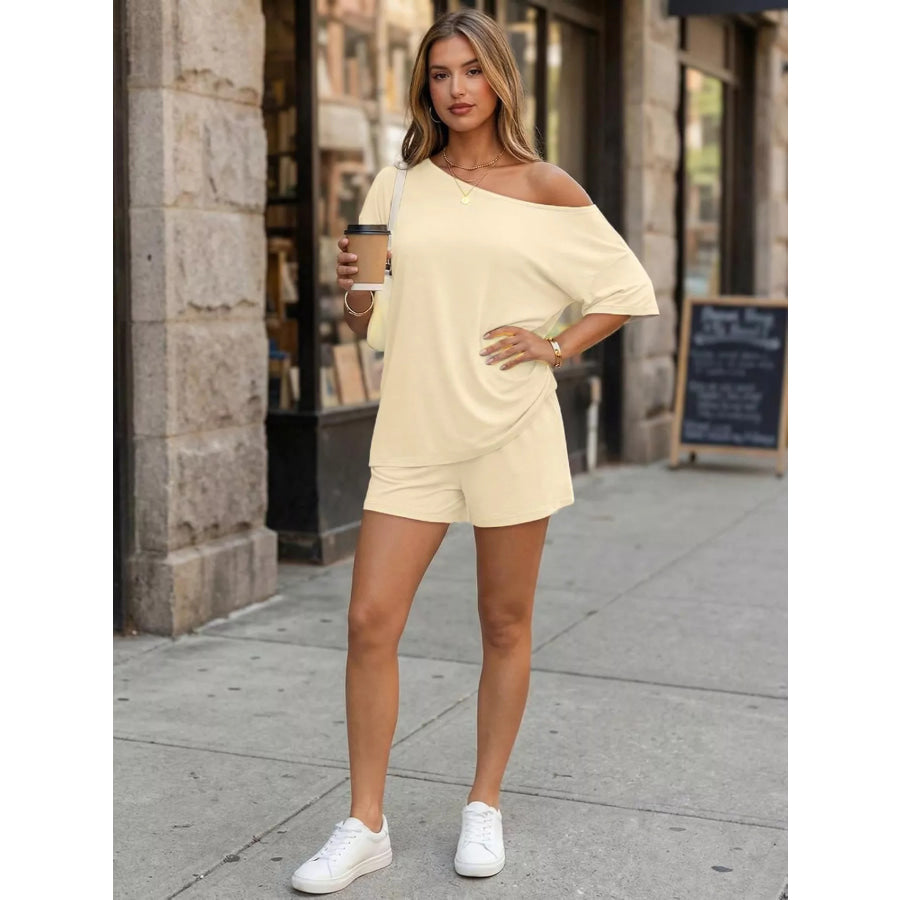Full Size Boat Neck Tee and Shorts Set Plus Size Apricot / S Apparel and Accessories