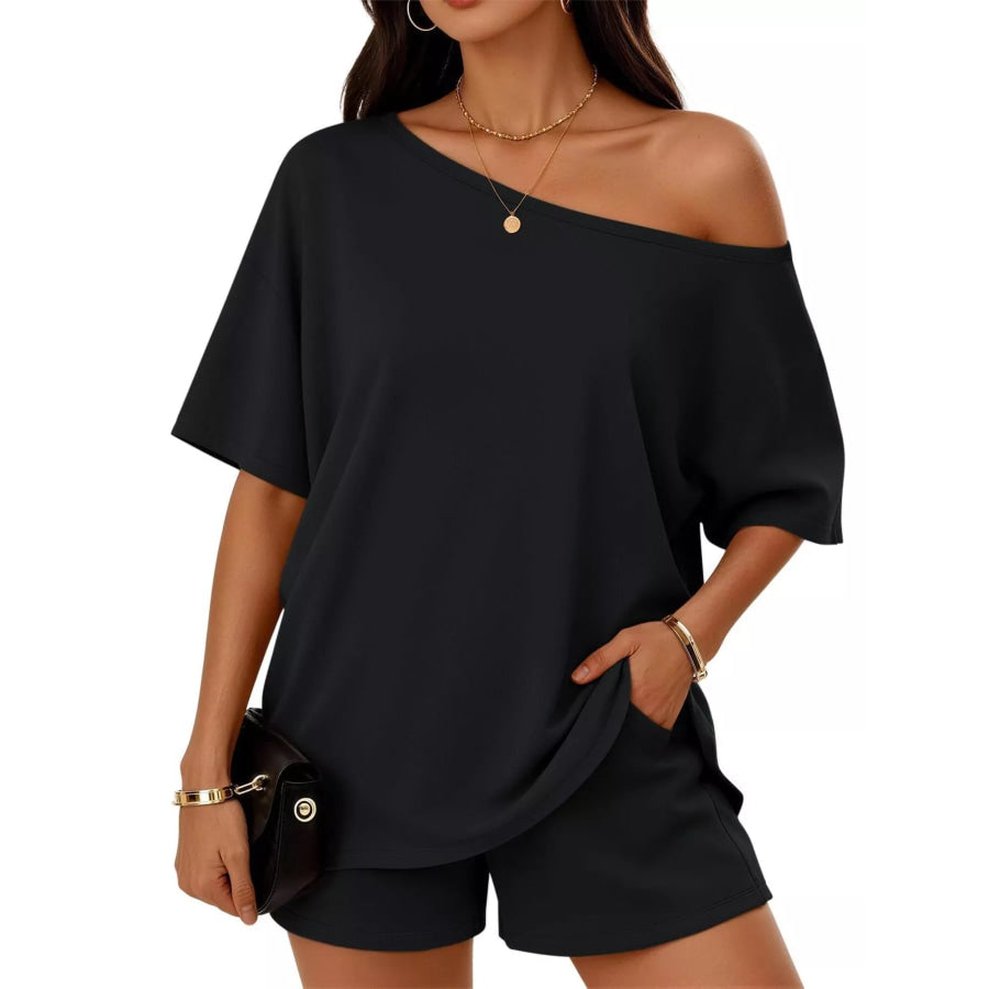 Full Size Boat Neck Tee and Shorts Set Plus Size Black / S Apparel and Accessories