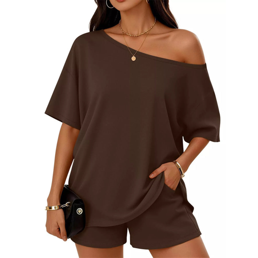 Full Size Boat Neck Tee and Shorts Set Plus Size Brown / S Apparel and Accessories