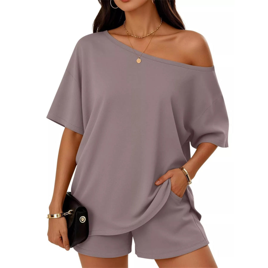 Full Size Boat Neck Tee and Shorts Set Plus Size Gray / S Apparel and Accessories