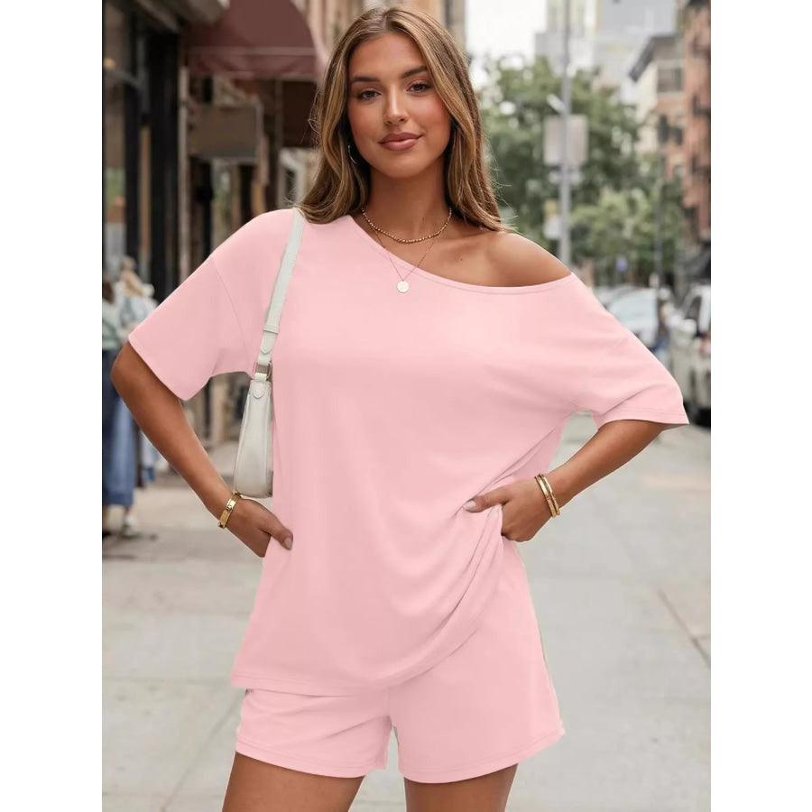 Full Size Boat Neck Tee and Shorts Set Plus Size Pink / S Apparel and Accessories