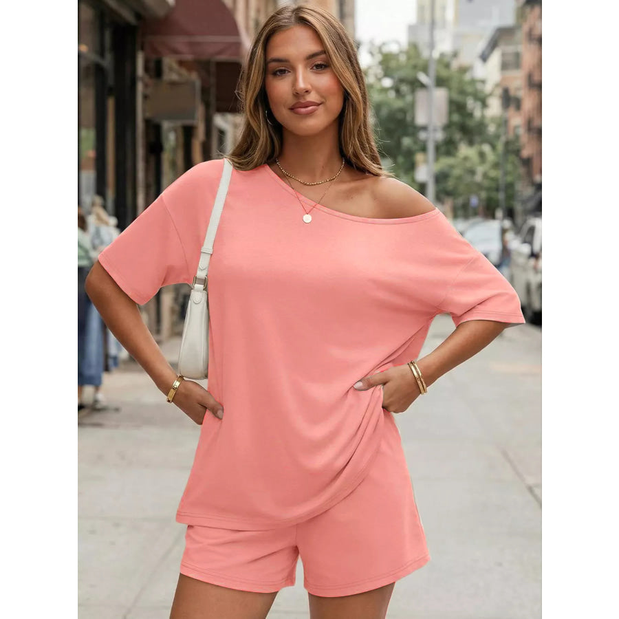 Full Size Boat Neck Tee and Shorts Set Plus Size Red / S Apparel and Accessories