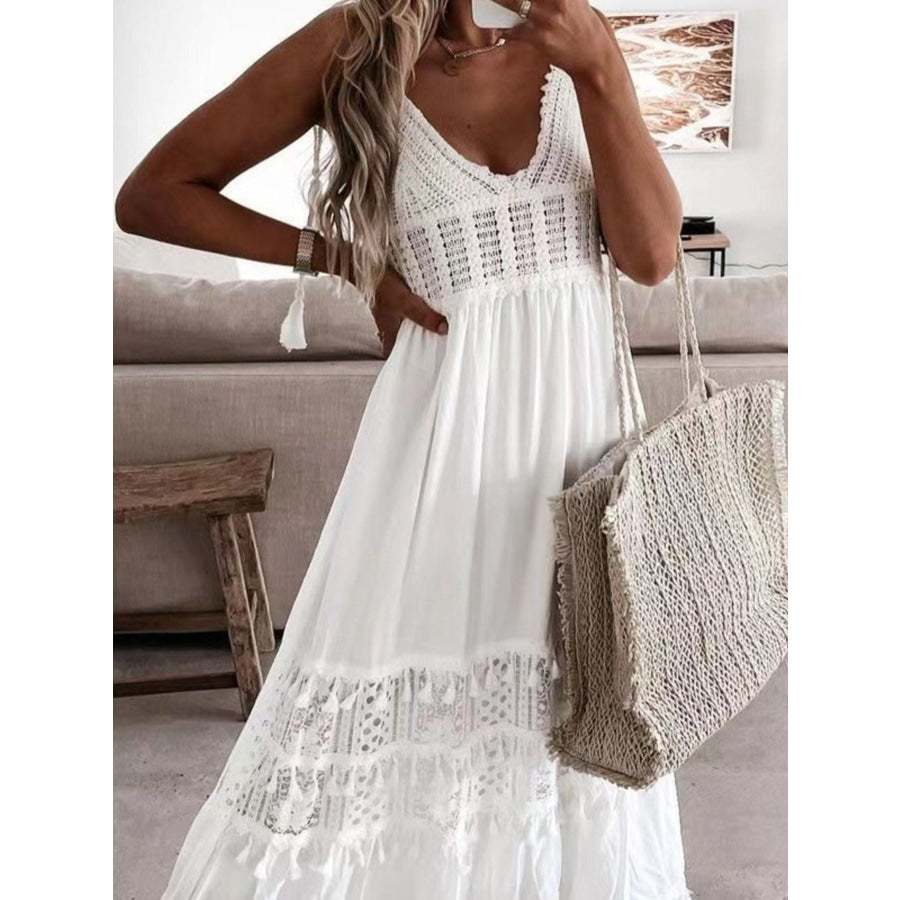Full Size Bohemian Crochet Trimmed Cami Dress with Tassel Trim Plus Size Apparel and Accessories