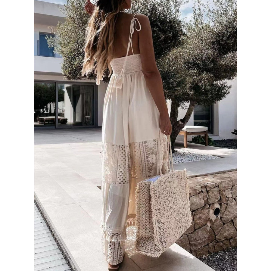 Full Size Bohemian Crochet Trimmed Cami Dress with Tassel Trim Plus Size Apparel and Accessories
