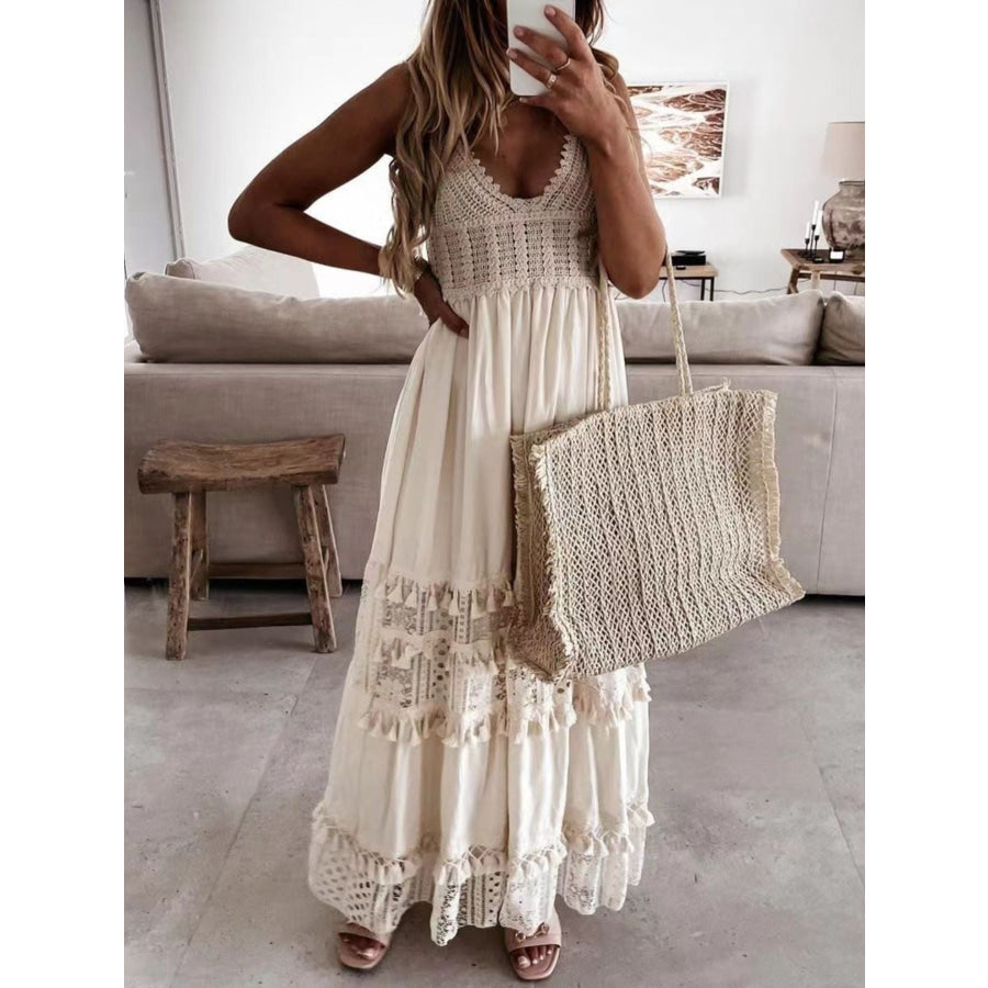 Full Size Bohemian Crochet Trimmed Cami Dress with Tassel Trim Plus Size Apparel and Accessories