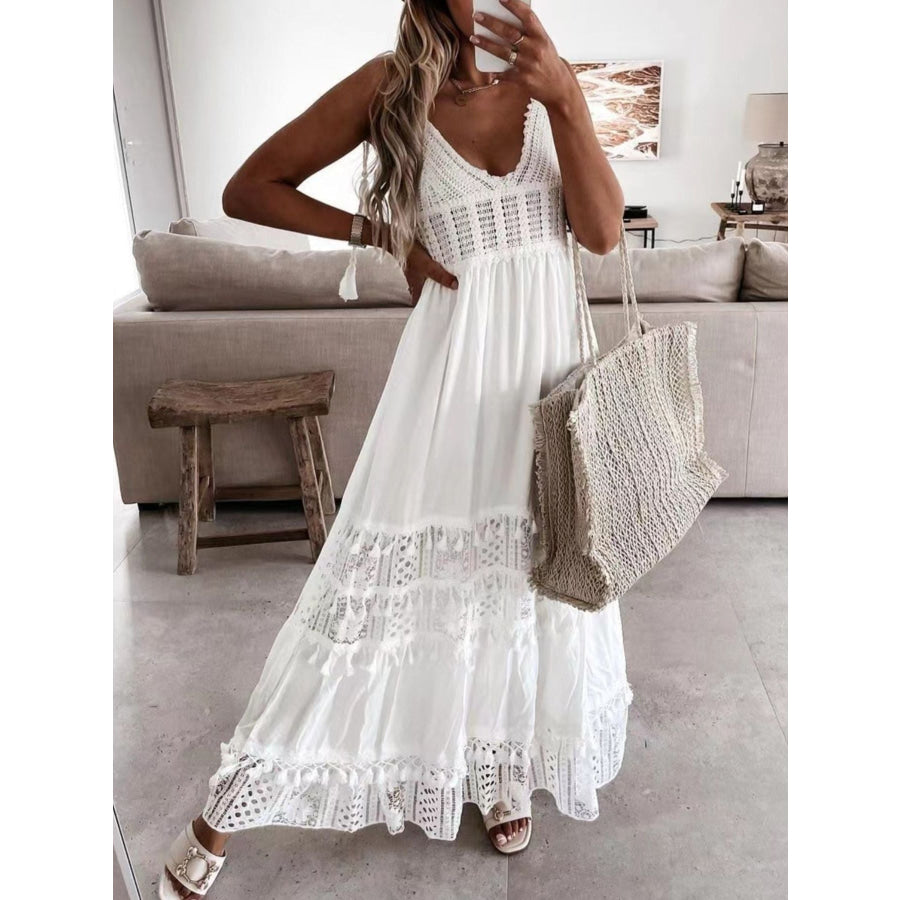 Full Size Bohemian Crochet Trimmed Cami Dress with Tassel Trim Plus Size Apparel and Accessories