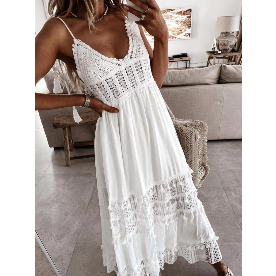 Full Size Bohemian Crochet Trimmed Cami Dress with Tassel Trim Plus Size Apparel and Accessories