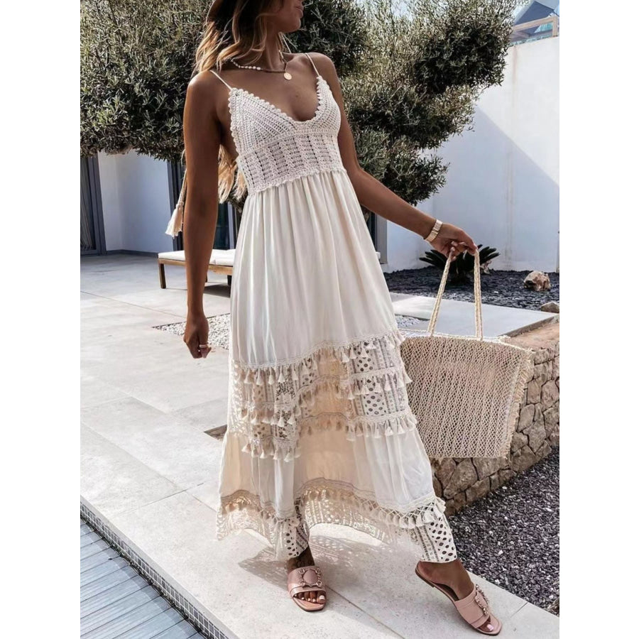 Full Size Bohemian Crochet Trimmed Cami Dress with Tassel Trim Plus Size Apparel and Accessories