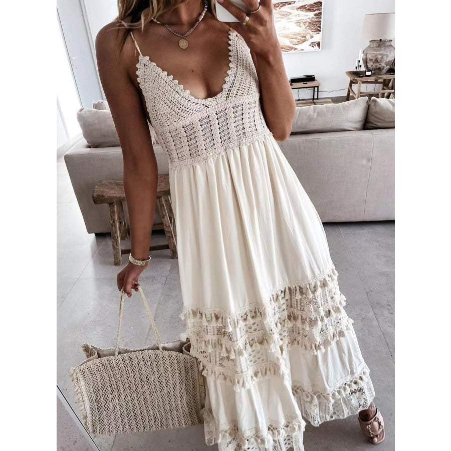 Full Size Bohemian Crochet Trimmed Cami Dress with Tassel Trim Plus Size Apricot / S Apparel and Accessories