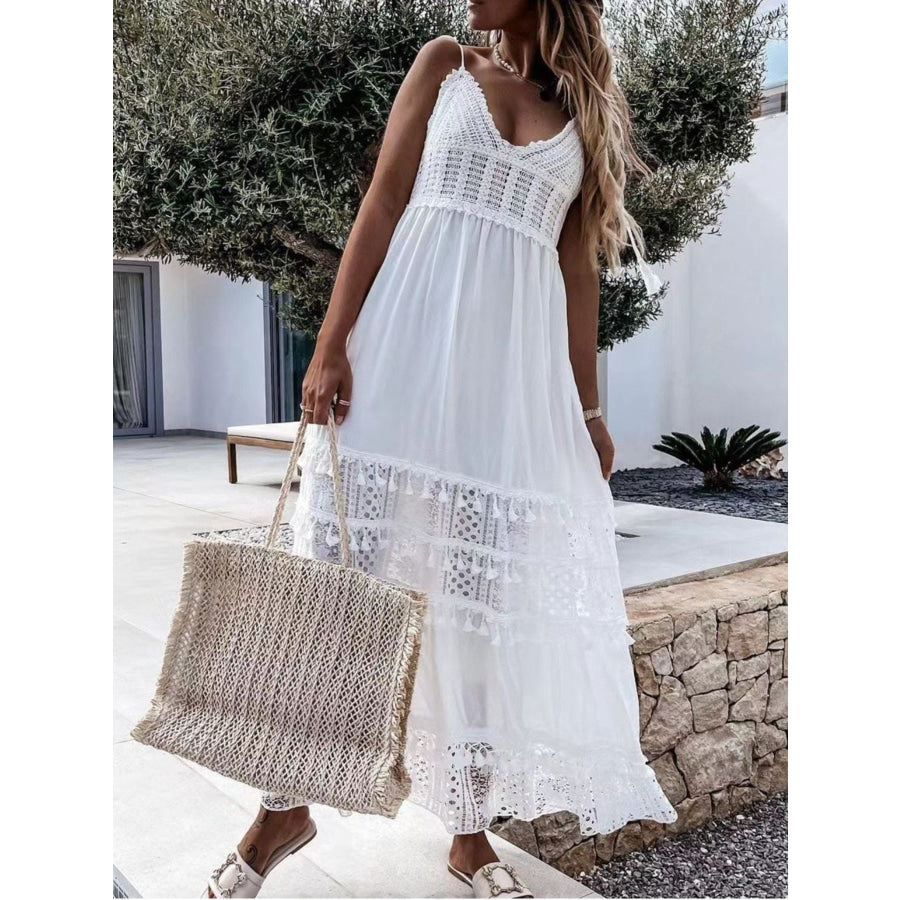 Full Size Bohemian Crochet Trimmed Cami Dress with Tassel Trim Plus Size White / S Apparel and Accessories