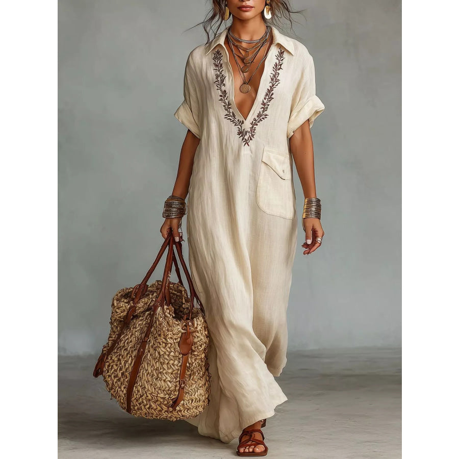 Full Size Bohemian Embroidered Maxi Dress Plus Size Apricot / S Apparel and Accessories