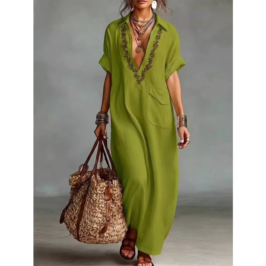 Full Size Bohemian Embroidered Maxi Dress Plus Size Olive Green / S Apparel and Accessories