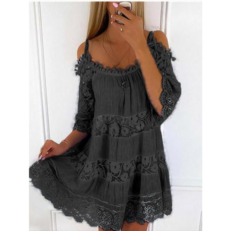 Full Size Bohemian Lace Cold Shoulder Mini Dress Plus Size Black / S Apparel and Accessories