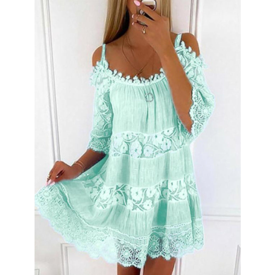 Full Size Bohemian Lace Cold Shoulder Mini Dress Plus Size Green / S Apparel and Accessories