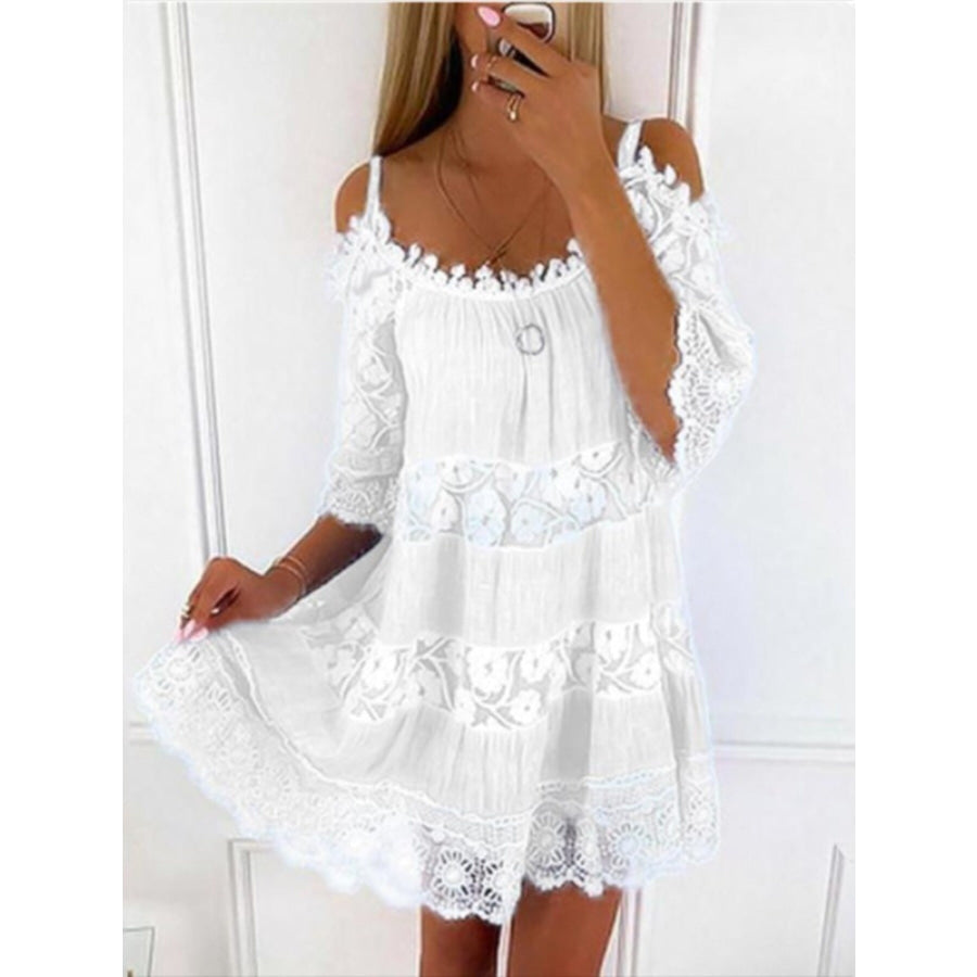 Full Size Bohemian Lace Cold Shoulder Mini Dress Plus Size Ivory / S Apparel and Accessories