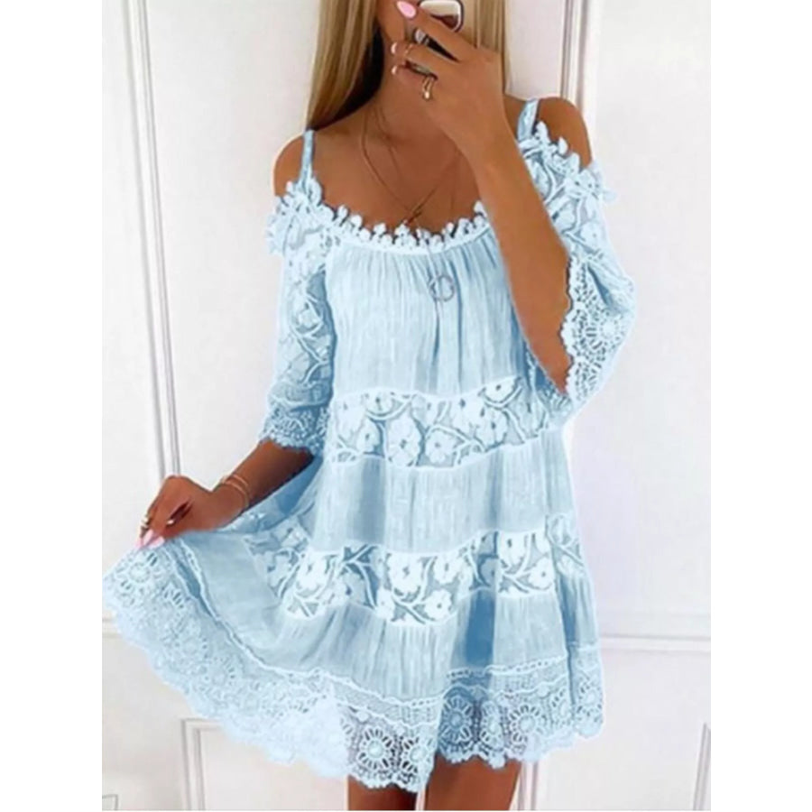 Full Size Bohemian Lace Cold Shoulder Mini Dress Plus Size Light Blue / S Apparel and Accessories