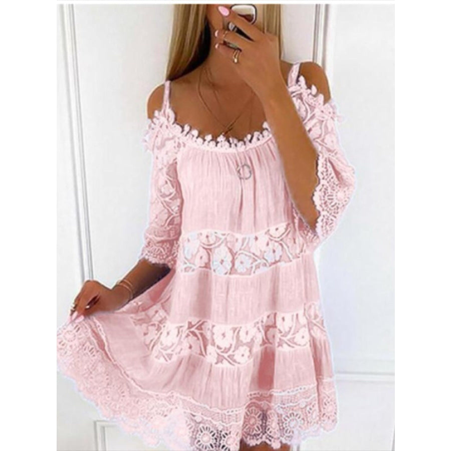 Full Size Bohemian Lace Cold Shoulder Mini Dress Plus Size Pink / S Apparel and Accessories