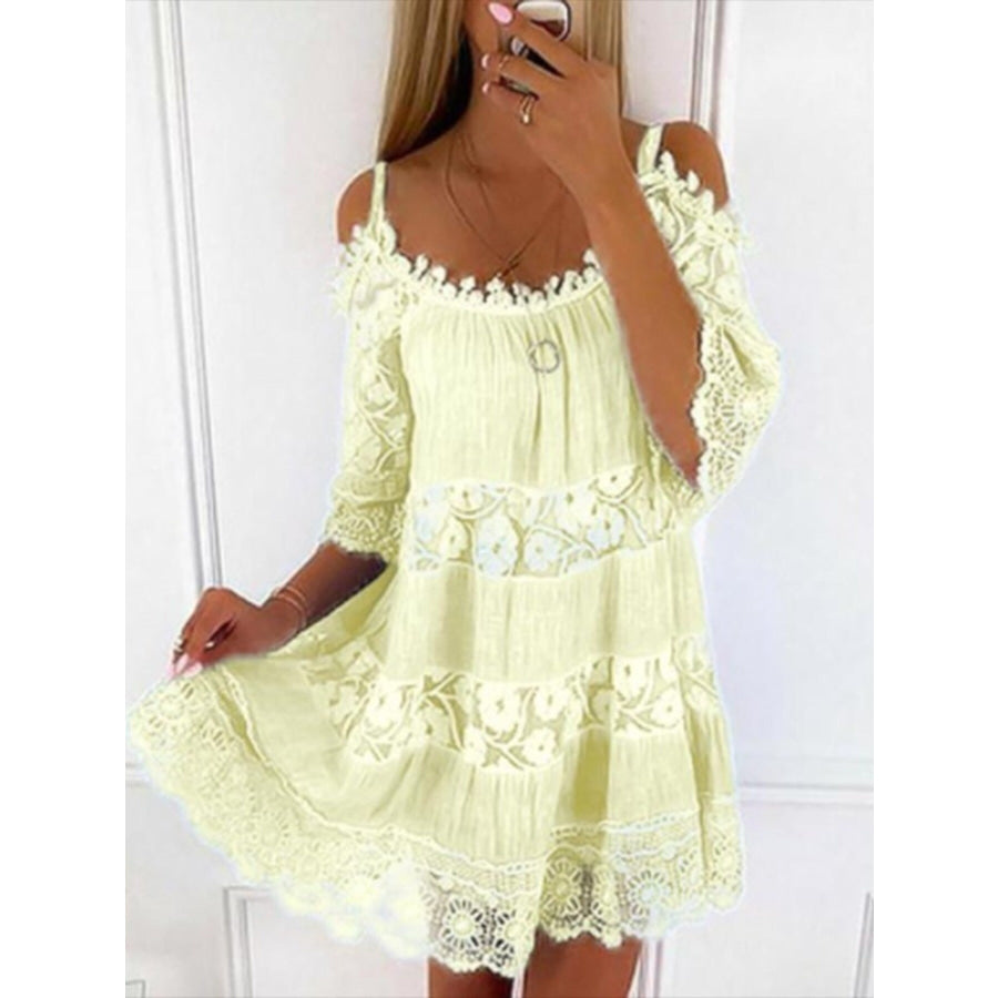 Full Size Bohemian Lace Cold Shoulder Mini Dress Plus Size Yellow / S Apparel and Accessories