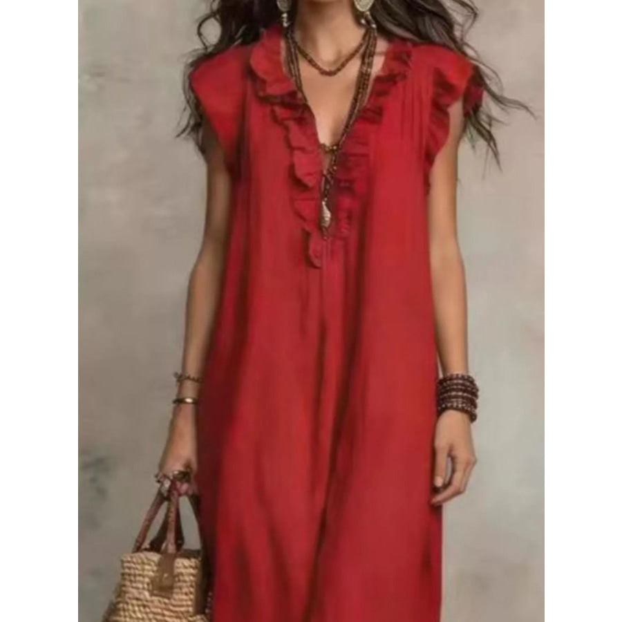 Full Size Bohemian Ruffle Neck Maxi Dress Plus Size Apparel and Accessories