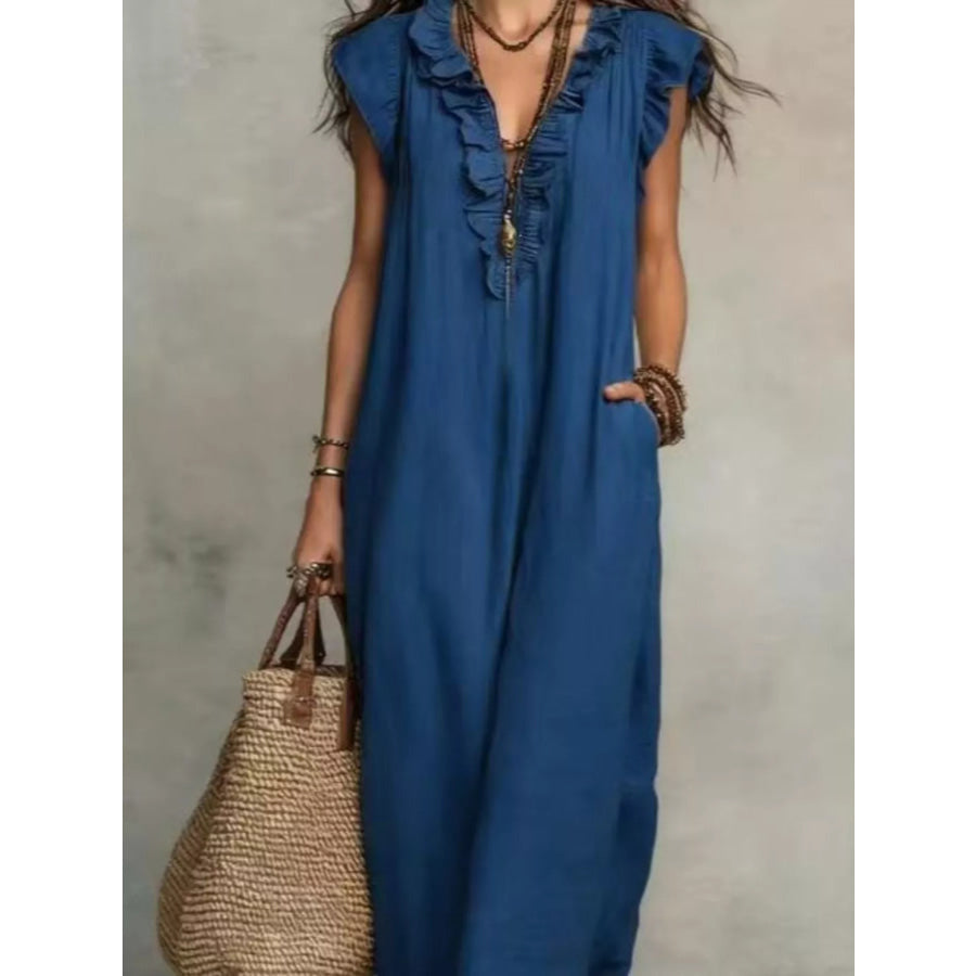 Full Size Bohemian Ruffle Neck Maxi Dress Plus Size Blue / S Apparel and Accessories