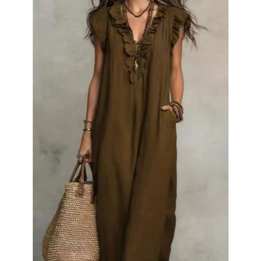 Full Size Bohemian Ruffle Neck Maxi Dress Plus Size Brown / S Apparel and Accessories