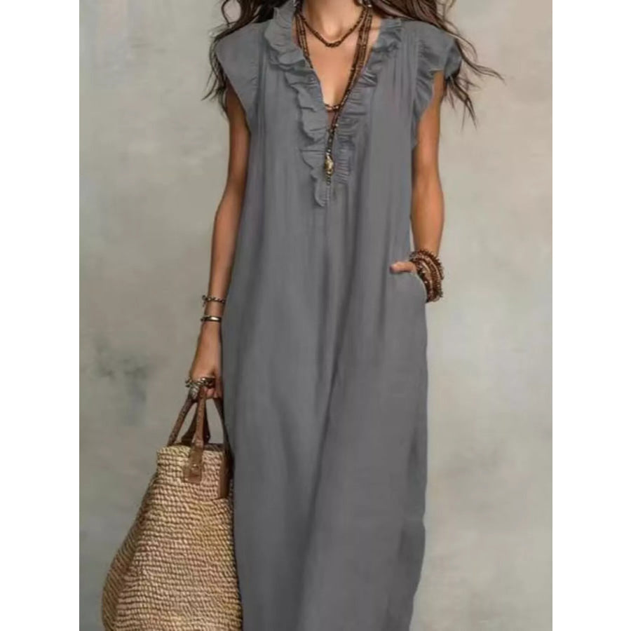Full Size Bohemian Ruffle Neck Maxi Dress Plus Size Dark Gray / S Apparel and Accessories
