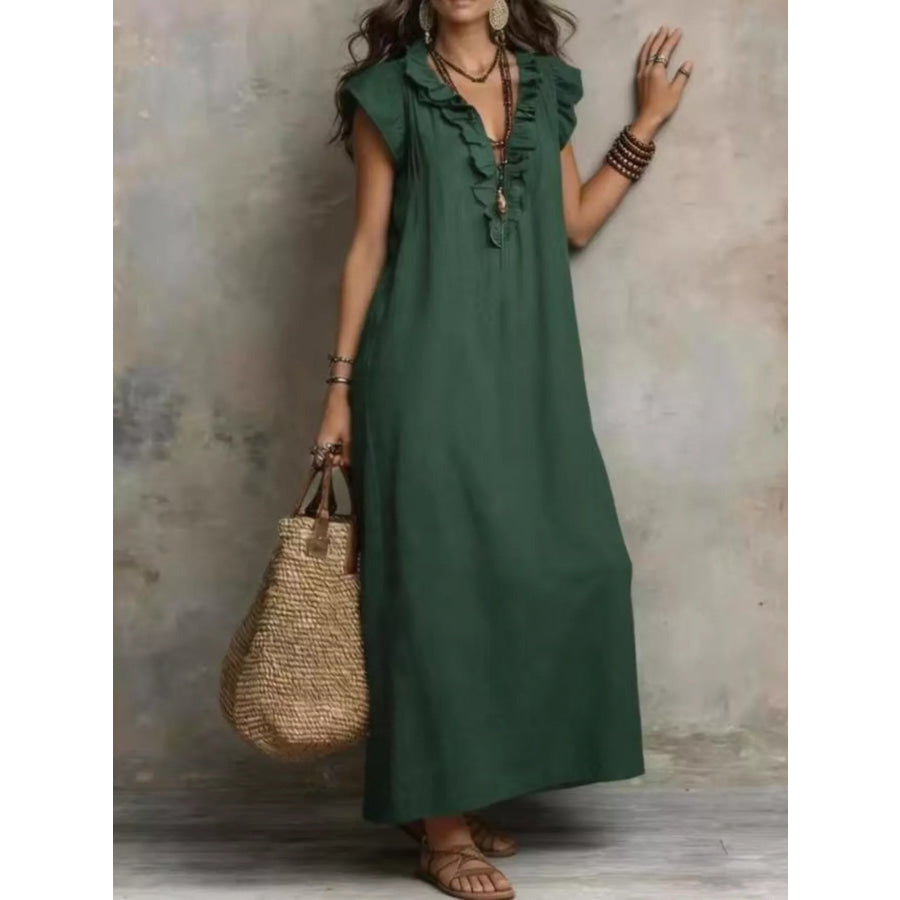 Full Size Bohemian Ruffle Neck Maxi Dress Plus Size Dark Green / S Apparel and Accessories