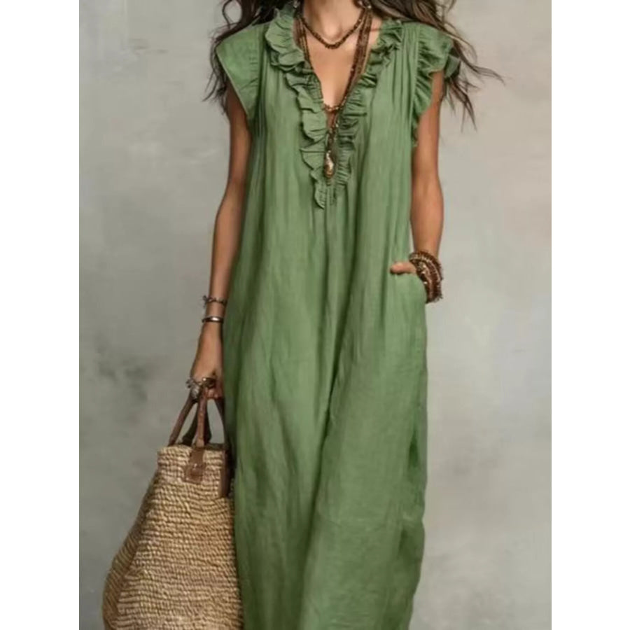 Full Size Bohemian Ruffle Neck Maxi Dress Plus Size Light Green / S Apparel and Accessories